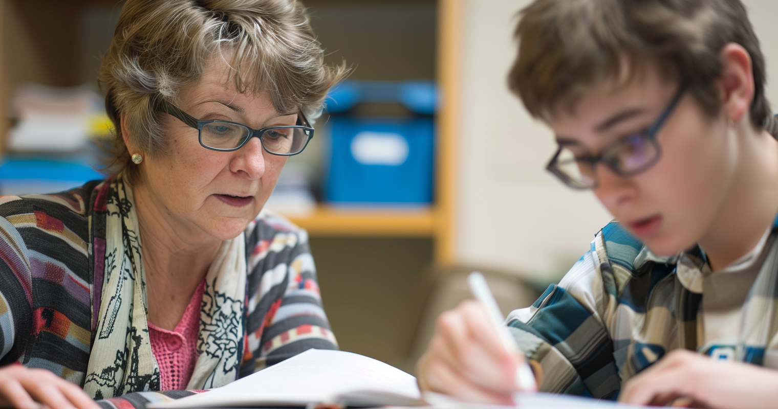 test accommodations for students with disabilities - photo of a teacher reading a test to a student with impaired vision