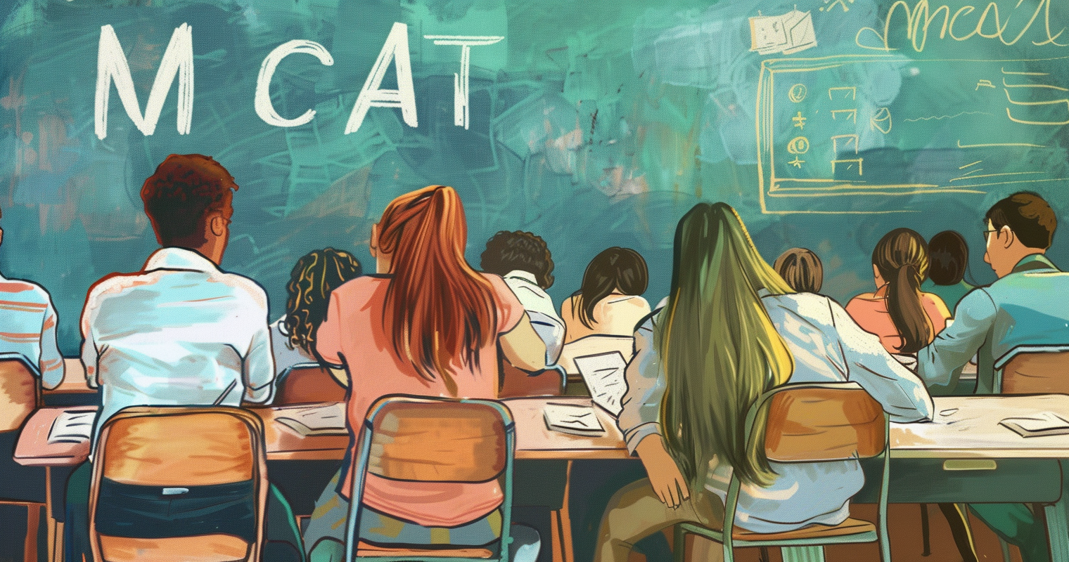 MCAT accommodations - drawing of a classroom in which students are taking a test. The word MCAT is written on the chalkboard