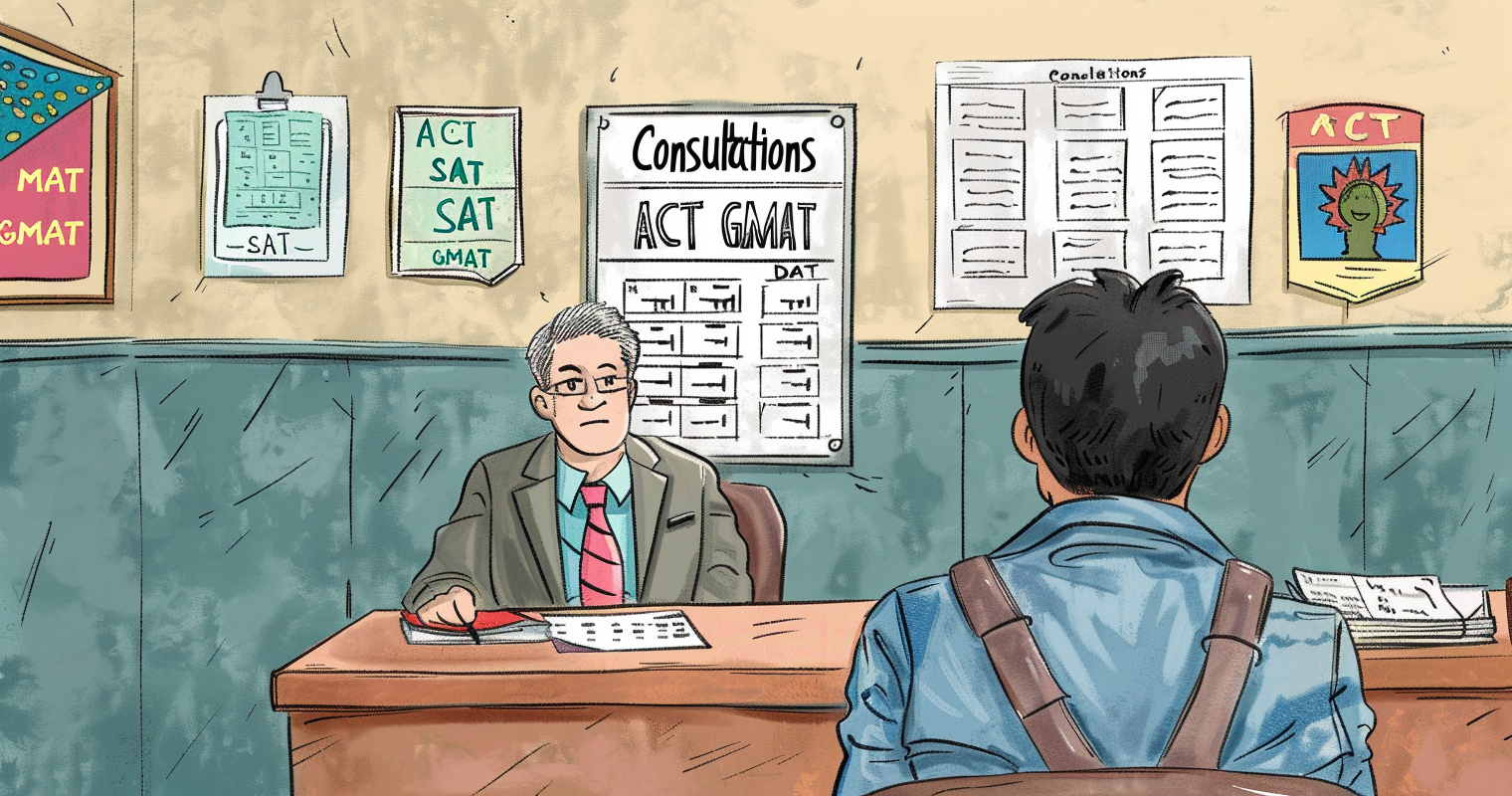 MCAT accommodations - drawing of a student sitting in front of a man sitting behind a desk. The words consultations, ACT, GMAT, SAT, etc are on the wall.
