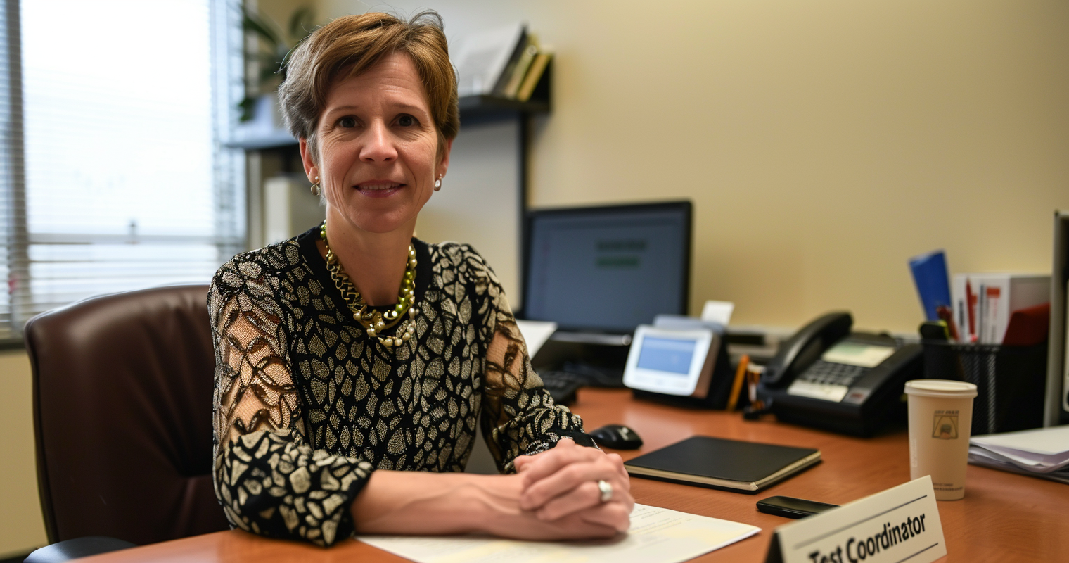 extended time on the act - photo of a middle-aged woman sitting at a desk. The plaque on the desk reads "test coordinator"