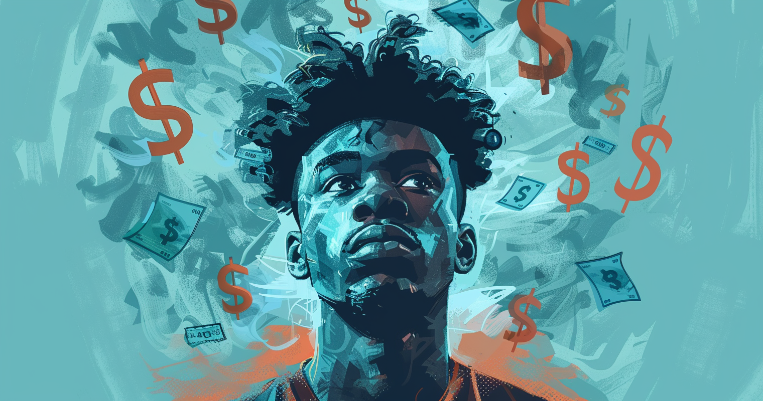 in-state tuition challenges - drawing of a student with dollar signs floating around his head