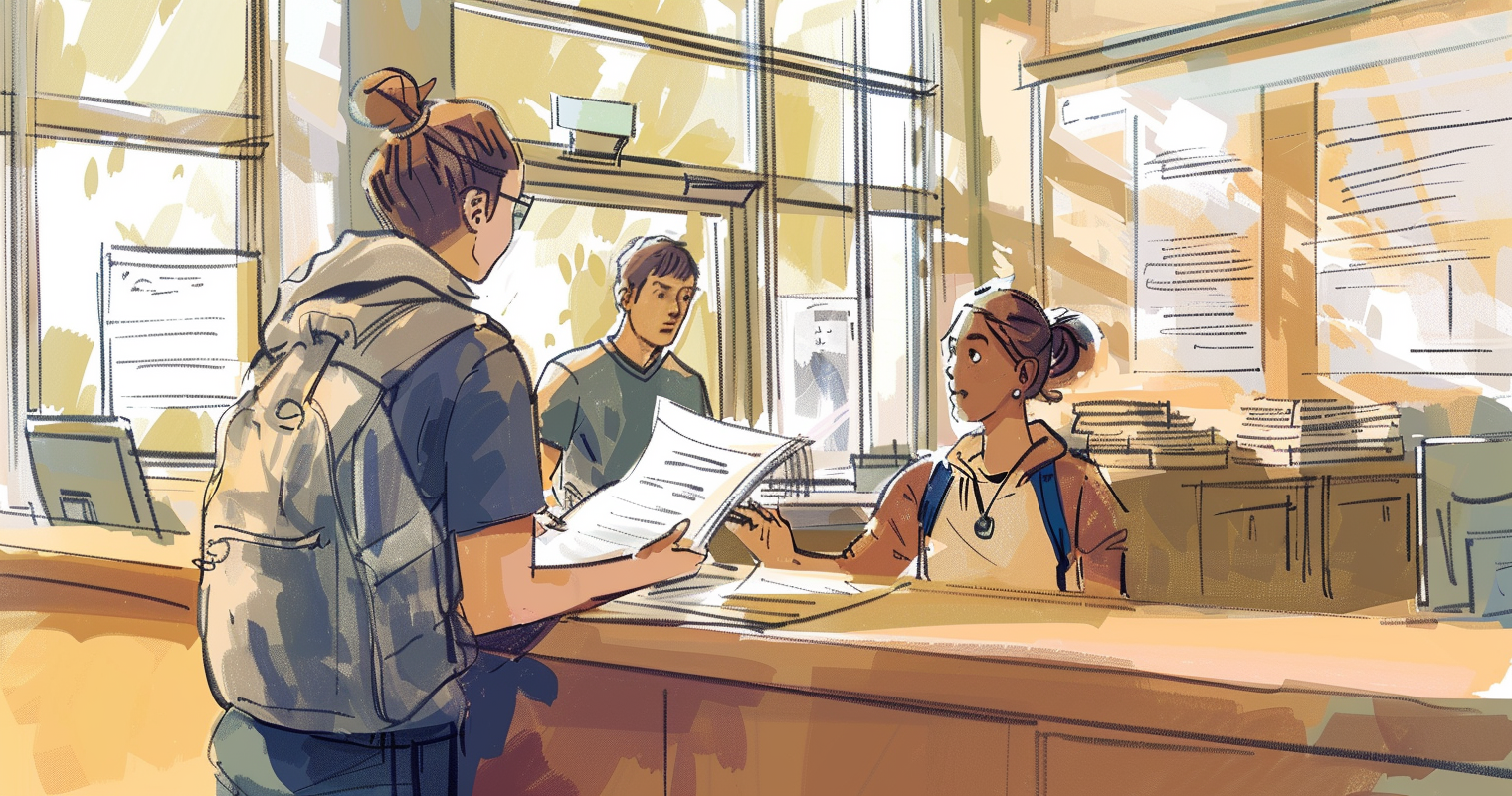Why Is Out Of State Tuition Higher - drawing of a student at a university office handing in registration papers