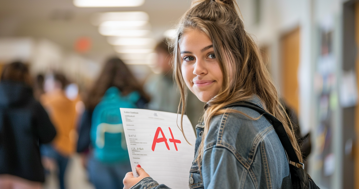 Why Is Out Of State Tuition Higher - photo of a student. She is holding a paper that has "A+" in red marked on it. 