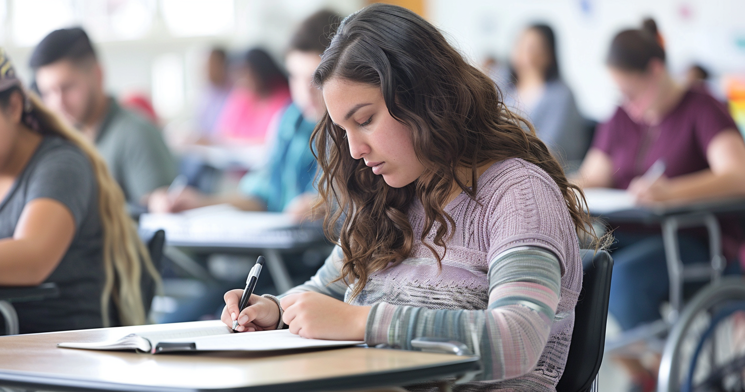 gre accommodations - photo of a college student taking the gre exam at her desk