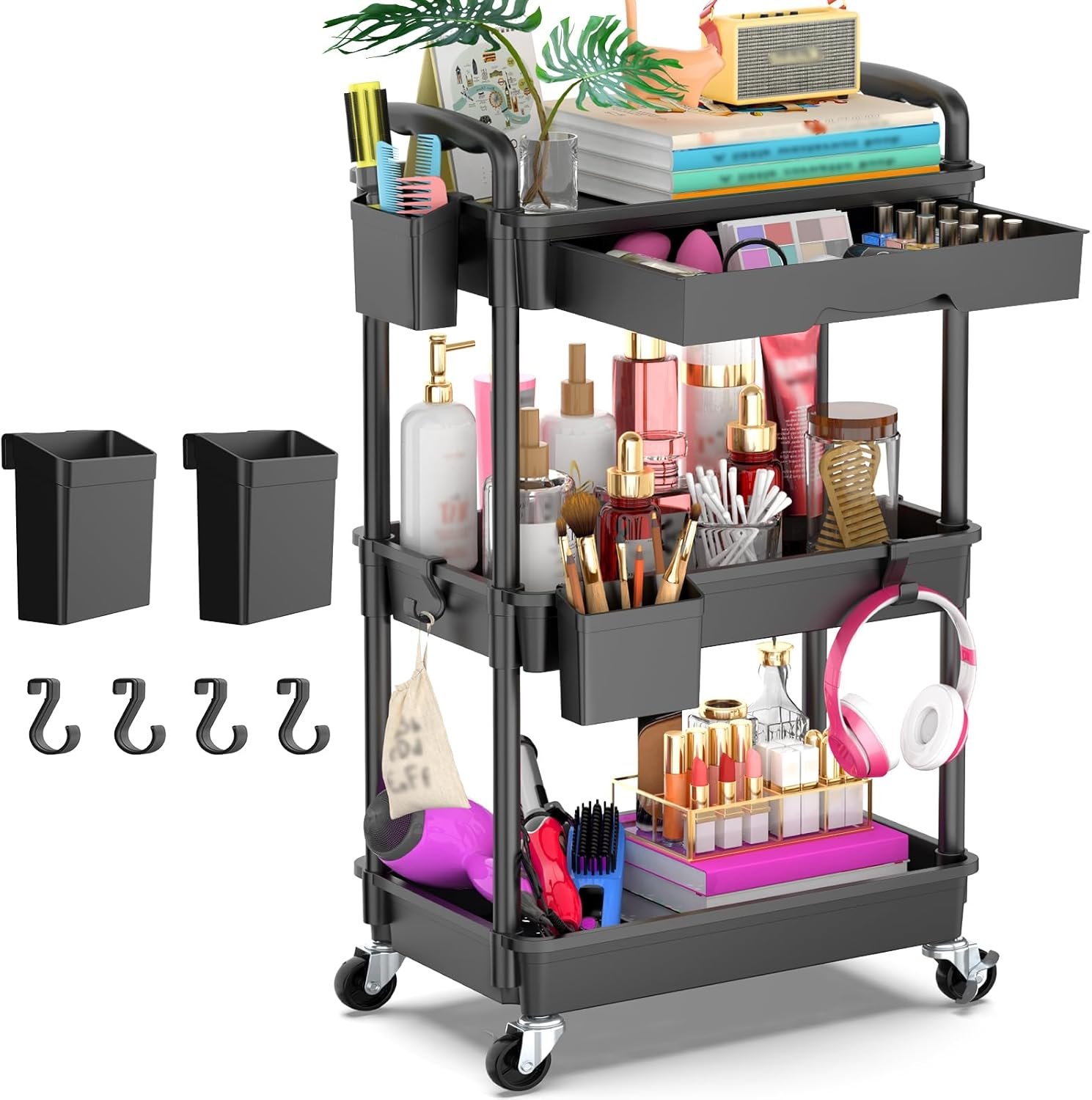 Goovilla 3-tier cart with removable drawer - black color main view