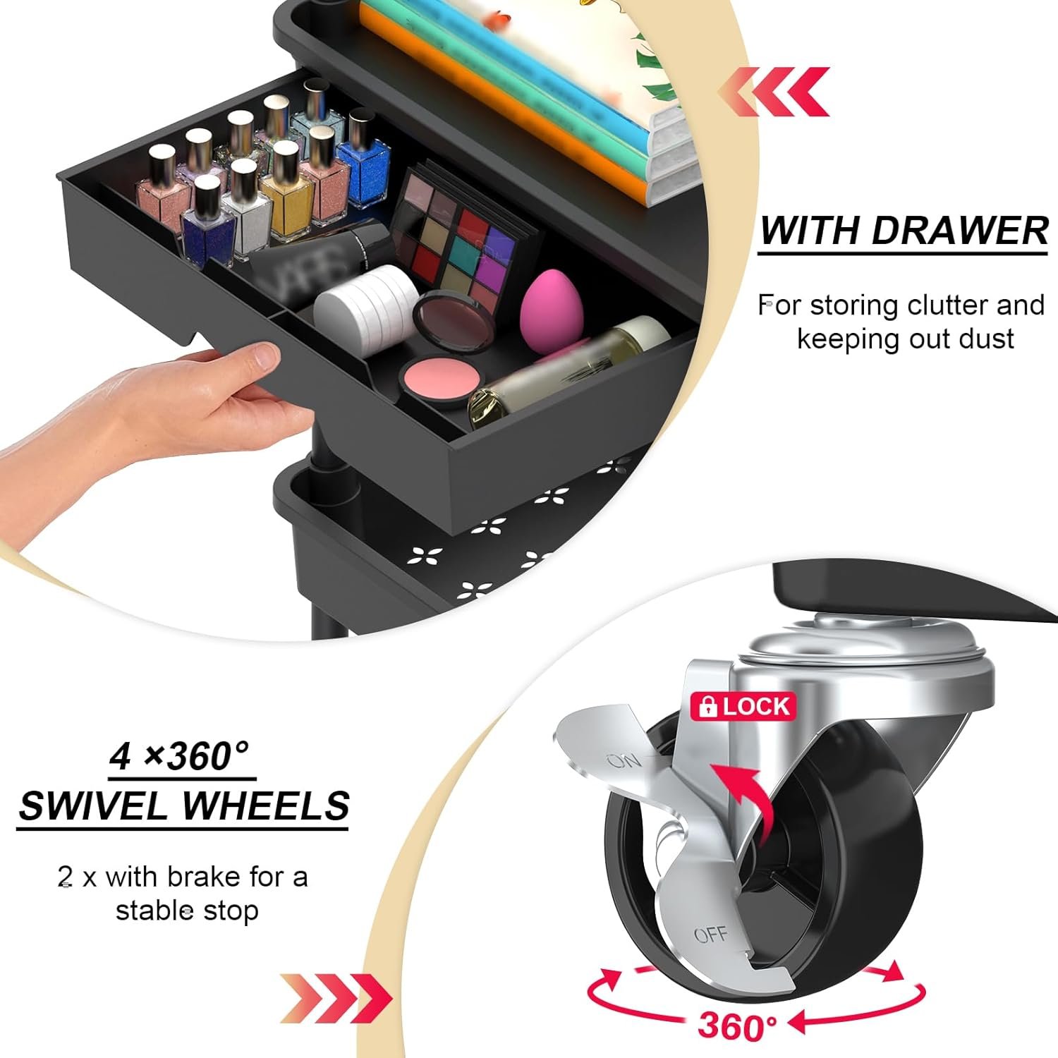 Goovilla cart showing removable drawer feature and lockable wheels