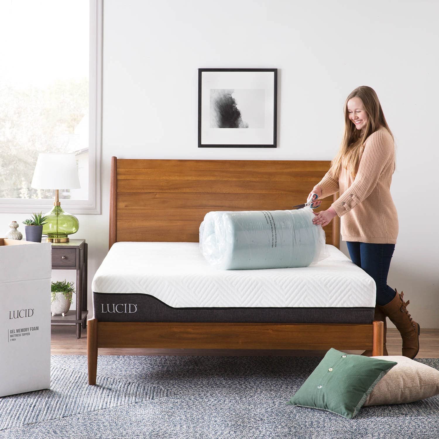 Lucid mattress topper on dorm bed setup